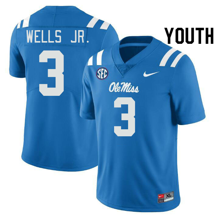 Youth #3 Antwane Wells Jr. Ole Miss Rebels College Football Jerseys Stitched-Power Blue